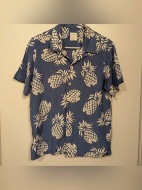 Sandro Paris Shirt Mens Blue White Pineapple Hawaiian Aloha Camp Collar Shirt